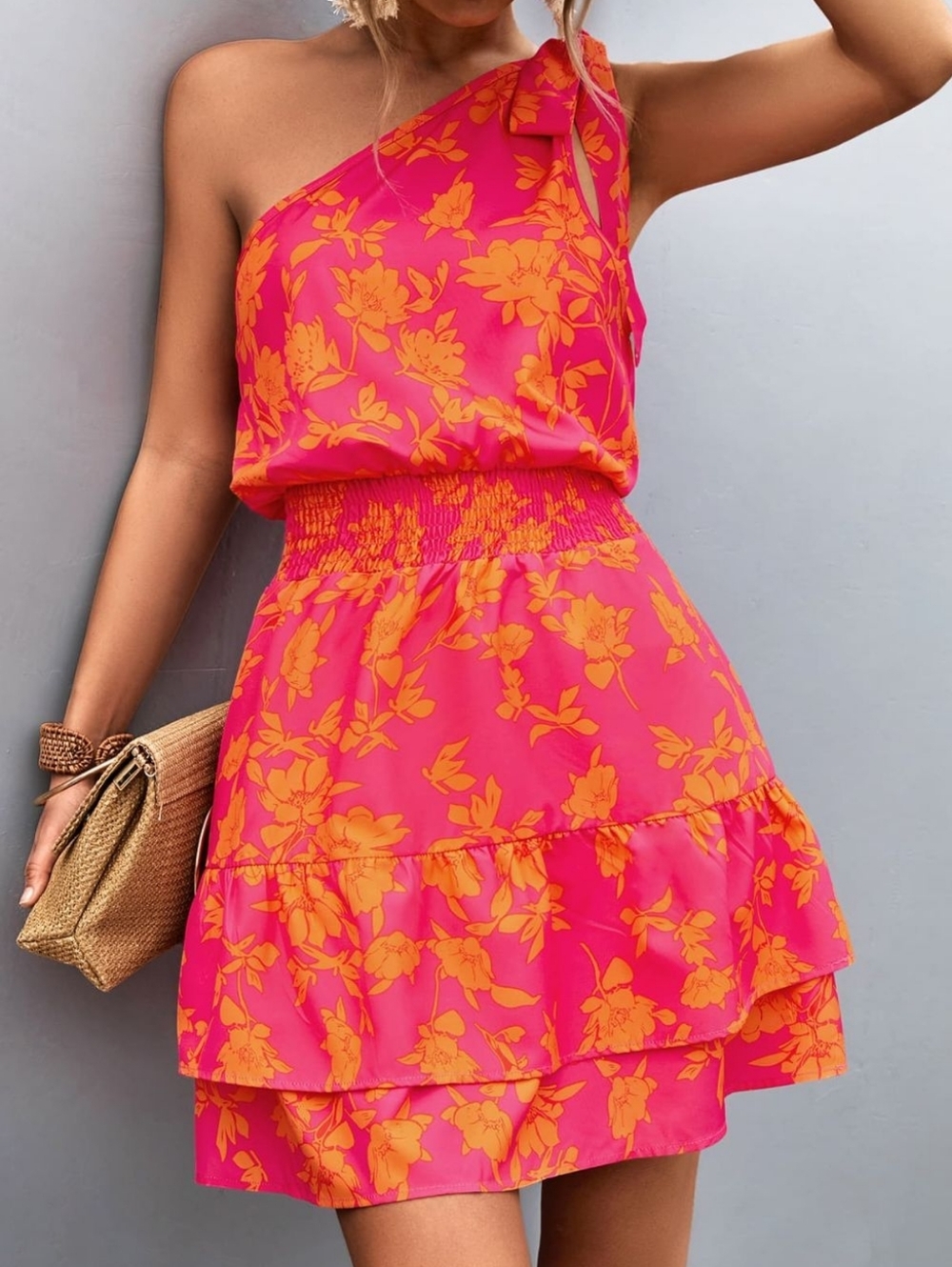 Garden Stroll Single Shoulder Dress - Red Orange
